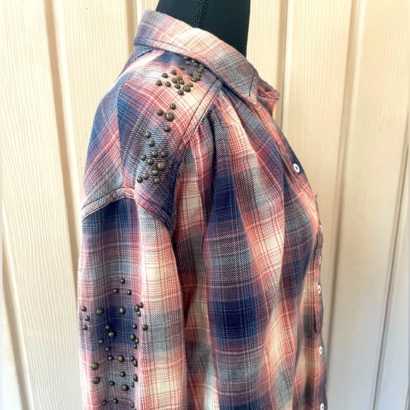 Free People • Take Me On Studded Plaid Fringe Button Down Long Sleeve Shirt XS - Picture 9 of 15